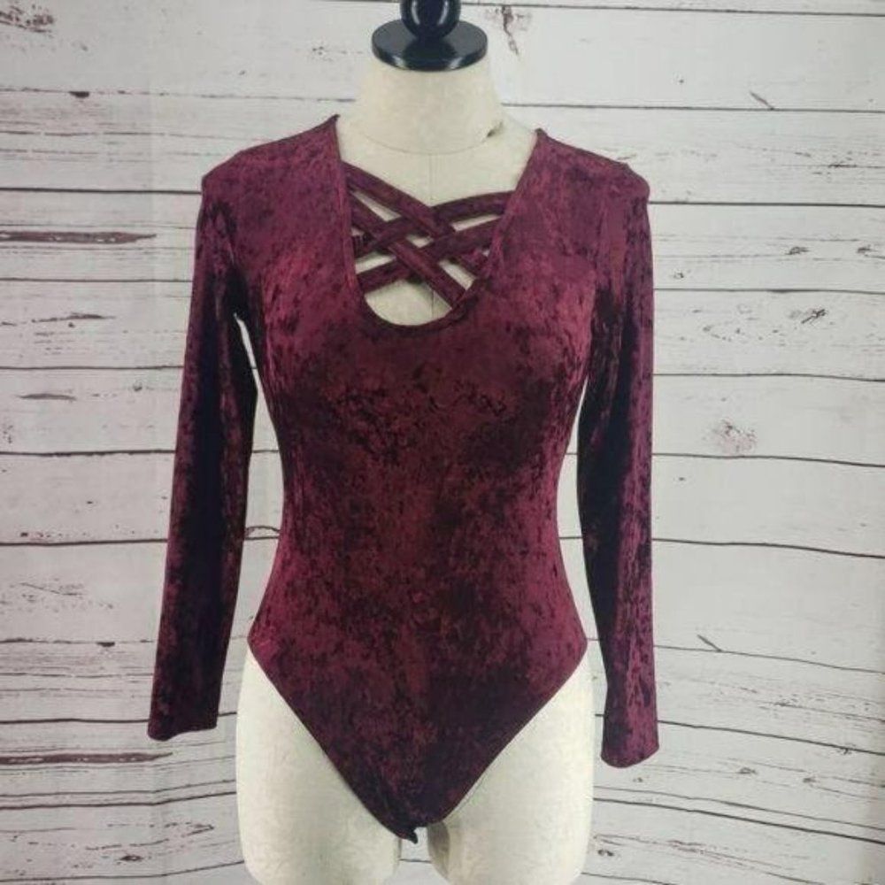 No Boundaries Woman's Burgundy Velvet One Piece Bodysuit